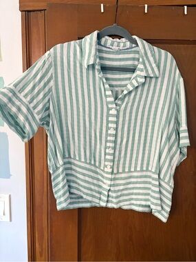 Cropped Striped Button-Front Linen Blend Shirt - Mint & White